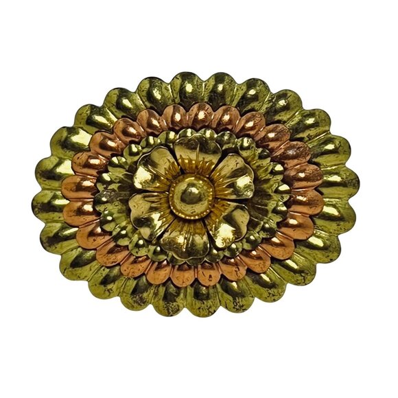 Oval Copper & Gold Tone Layered Flower Brooch With Pin Clasp (5734) - Picture 1 of 7